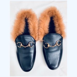 Black Mules with Fur Trim NWOT
